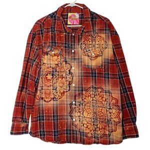 Handmade Floral Flannel Shirt Mens Size Large Unisex Bleached Plaid Button Down